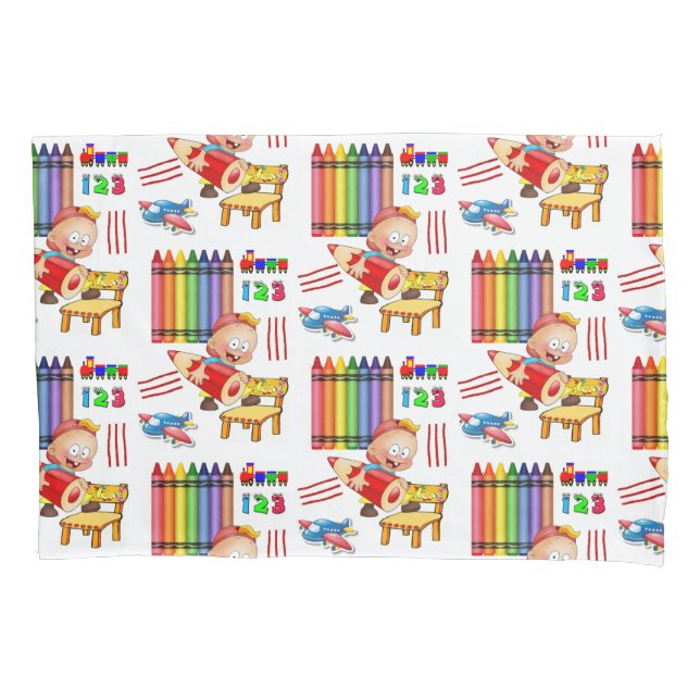 Pillow Case Trains Crayons Numbers Aeroplane (Front)