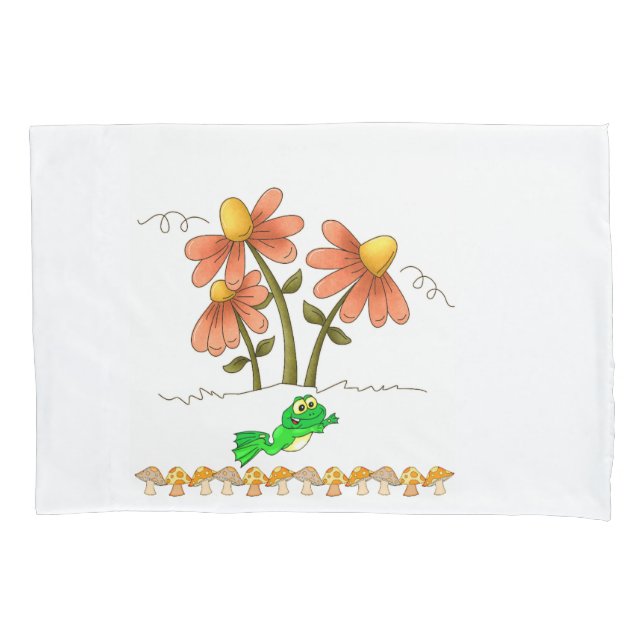 Pillow Case White Frog Mushroom Floral  (Front)
