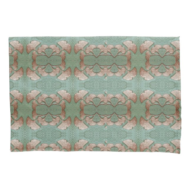 Pillow case with Green and copper Gingko print (Front)