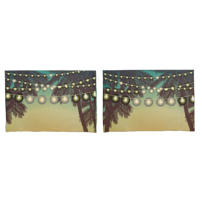 Pillow Cases Beach Sunset Palm Trees String Lights (Front-Set)