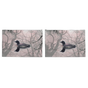 pillow cases  Black and white loon on a lake pink
