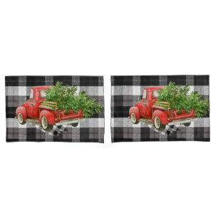 Pillow Cases XMAS Truck Baffalo Plaid Black White