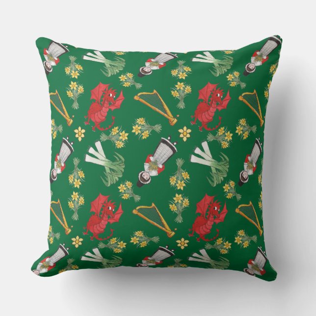 Pillow, Cushion: Welsh Daffodils Dragon Leeks Harp Cushion (Front)
