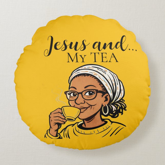 Pillow depicting Jesus and My Tea (Front)