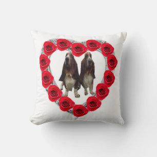 Pillow Diamond Red Heart Roses With Basset Hounds