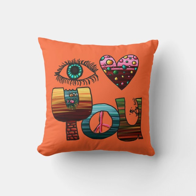 Pillow, I Love You Doodle, Cute Fun Colourful Cushion (Front)