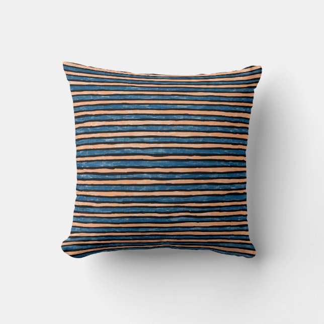 Pillow, Painted Stripes, Blue and Orange Cushion (Front)