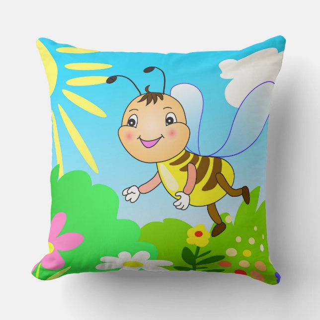 pillow with children's drawing, cartoon bee among  (Front)