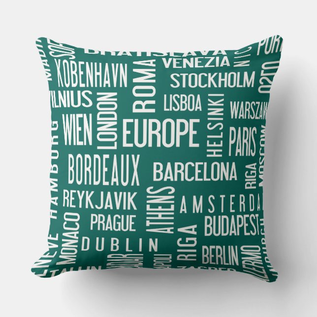 Pillow with european cities, turquise (Front)