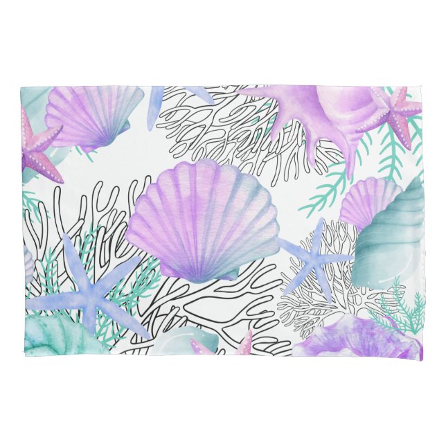 Pillowcase Seashell Starfish Coastal Pink Purple (Front)