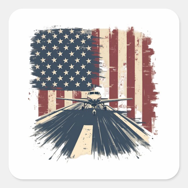 Pilot Airplane American Flag Plane Aviation Square Sticker (Front)
