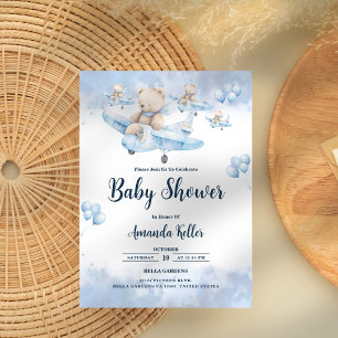 Pilot Bear in the Sky – Blue Baby Shower Invitation