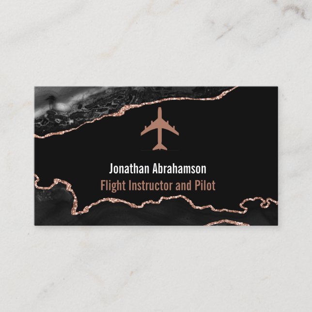 Pilot Flight Instructor Black Rose Gold Agate Business Card (Front)