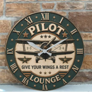 Pilot Lounge Vintage Biplane Classic Aviation  Large Clock