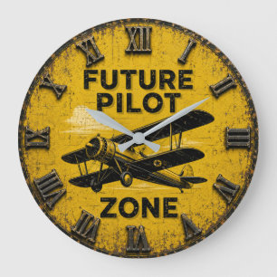 Pilot On Duty Vintage Airplane Hangar Decor  Large Clock