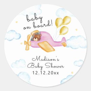 Pilot Teddy Bear Balloon Airplane Baby Shower Classic Round Sticker