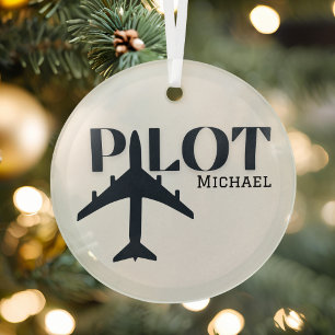 Pilot Typography & Aeroplane,Minimalist Personalis Glass Tree Decoration