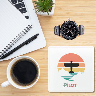 Pilot Typography,Vintage Retro,Simple Aeroplane G Glass Coaster