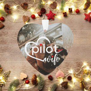 Pilot Wife Typography Heart & Aeroplane, Cute Phot Ornament