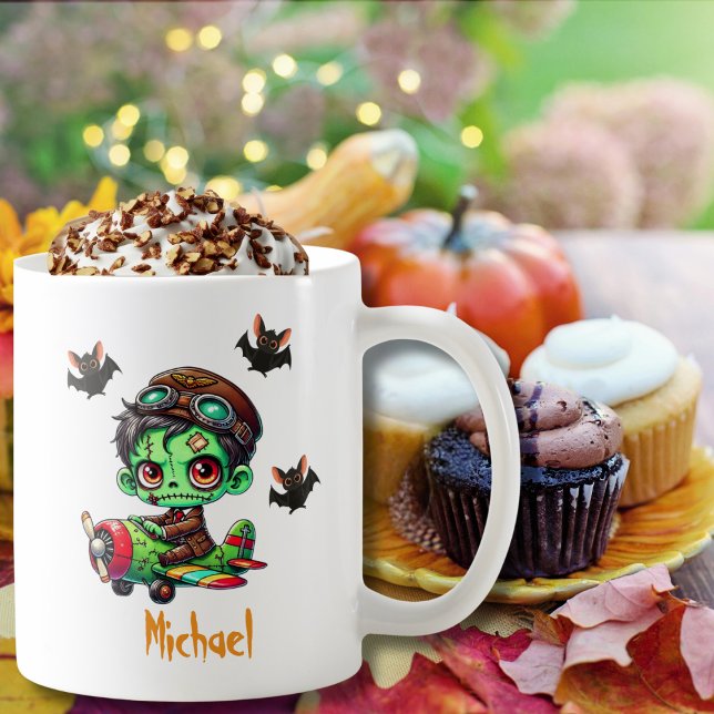 Pilot Zombie flying Aeroplane & Bat Funny Hallowee Coffee Mug (Personalized design on left and right side.)