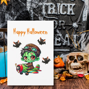 Pilot Zombie flying Aeroplane & Bat Funny Hallowee Postcard