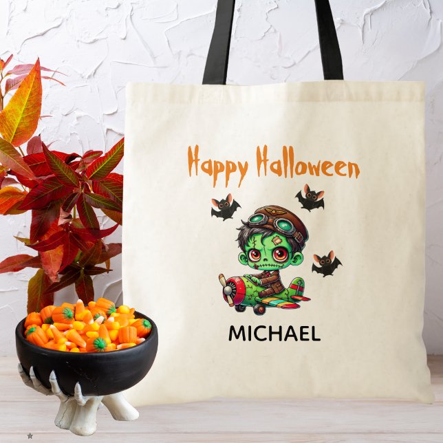 Pilot Zombie flying Aeroplane & Bat Funny Hallowee Tote Bag (Creator Uploaded)