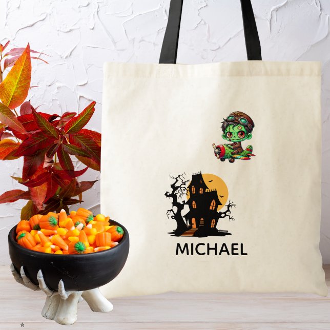 Pilot Zombie flying Aeroplane & Bat Funny Hallowee Tote Bag (Creator Uploaded)