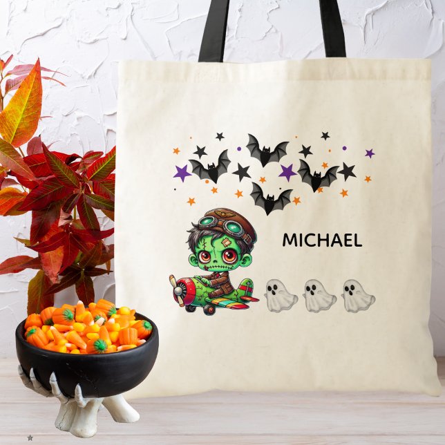Pilot Zombie flying Aeroplane & Bat Funny Hallowee Tote Bag (Creator Uploaded)