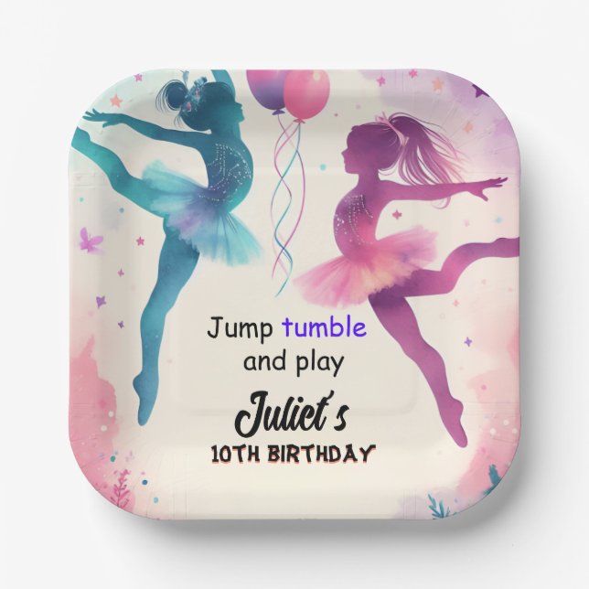 Pin modern cute Jump girl gymnastics 10th birthday Paper Plate (Front)