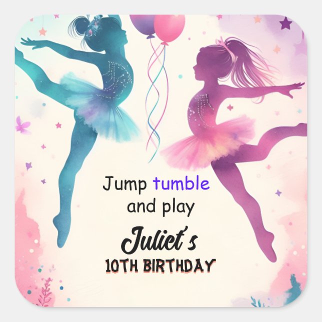 Pin modern cute Jump girl gymnastics 10th birthday Square Sticker (Front)