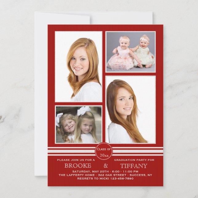 Pin Stripe Four Photo Red Graduation Invitation (Front)