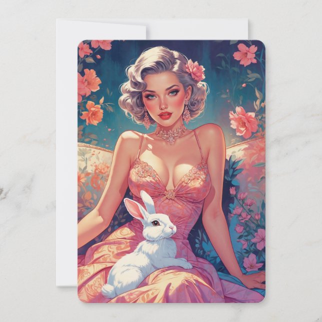 Pin-Up Floral Cute Easter Bunny Holiday Card (Front)