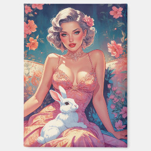Pin-Up Floral Cute Easter Bunny Magnet