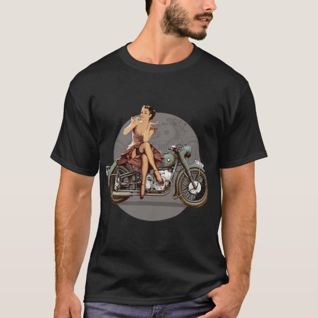 Pin-up girl 1940s motorcycle retro poster WWII T-Shirt (Front)