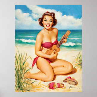 Pin up girl play music on tropic beach, vintage poster