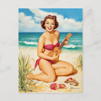 Pin up girl plays music on tropic beach, vintage postcard