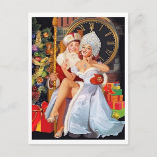 Pin-up girl sitting on lap of a very lucky guy postcard