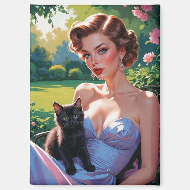 Pin-Up in Spring Garden with Cute Black Kitten Magnet (Front)