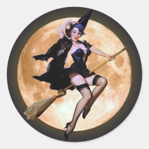 Pin-Up Witch Against a Harvest Moon Classic Round Sticker
