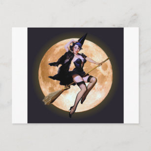 Pin-Up Witch Against a Harvest Moon Postcard