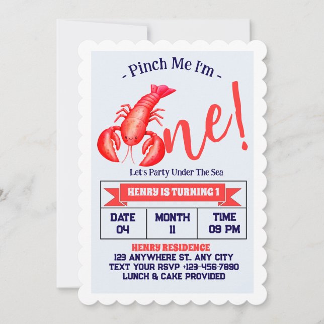 Pinch Me, I'm One Lobster Boy 1st Birthday Party Invitation (Front)