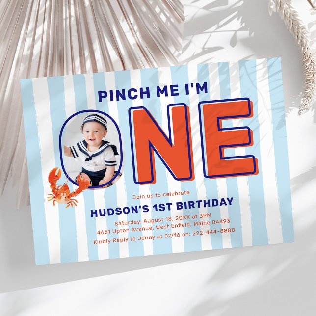 Pinch Me I'm One Lobster Photo 1st Birthday Invitation (Creator Uploaded)