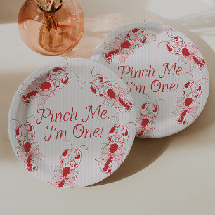 Pinch Me I'm One Vintage Lobster Pink 1st Birthday Paper Plate