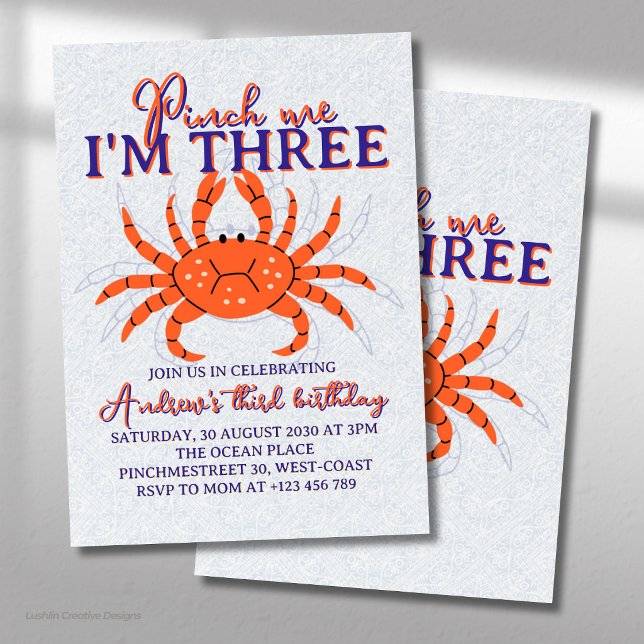 Pinch Me, I'm Three Ocean Crab Third Birthday Invitation (Creator Uploaded)