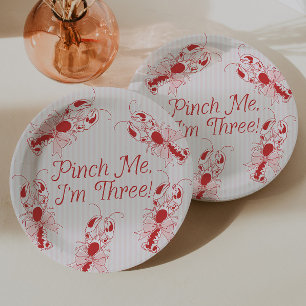 Pinch Me I'm Three Retro Lobster Pink 3rd Birthday Paper Plate