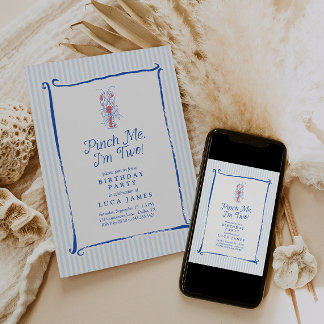 Pinch Me I'm Two Vintage Lobster Blue 2nd Birthday Invitation