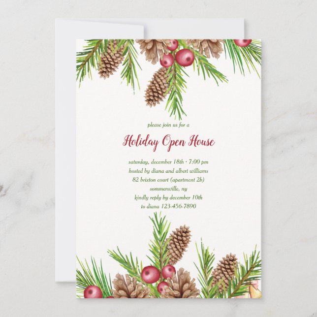 Pine and Berries Holiday Invitations (Front)