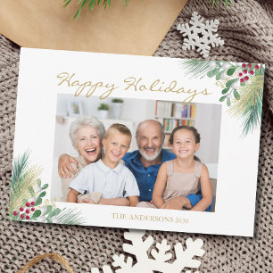 Pine And Berries Photo Happy Holidays Holiday Card