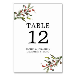 Pine and Berries Winter Wedding Personalised Table Number