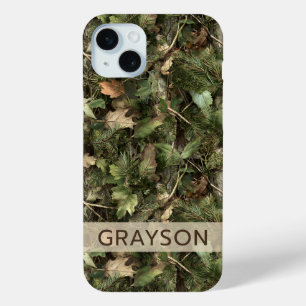 Pine and Leaves Camouflage Personalised iPhone 15 Mini Case